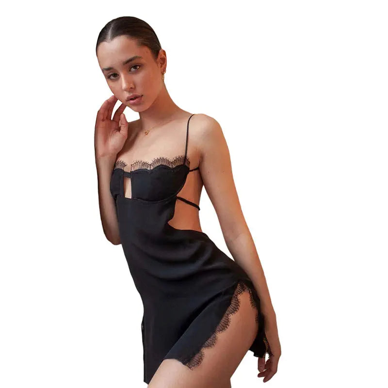 Summer new women's sling a line shoulder fashion sexy backless slit dress women