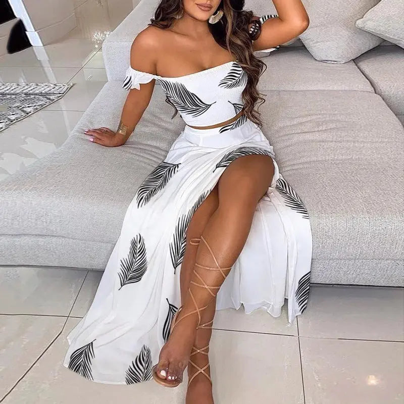 Summer slim Bohemian print mid-length retro strapless dress for women
