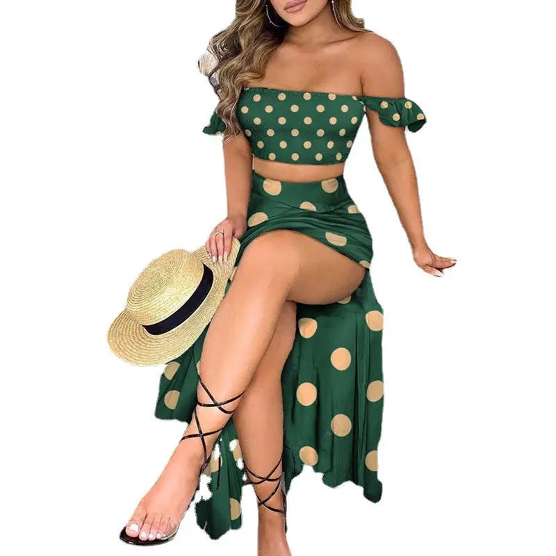 Summer slim Bohemian print mid-length retro strapless dress for women