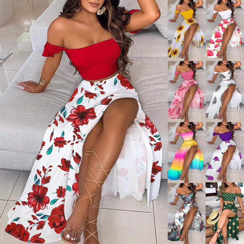 Summer slim Bohemian print mid-length retro strapless dress for women