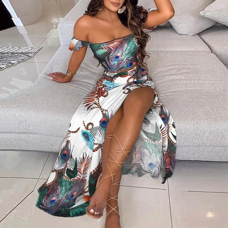 Summer slim Bohemian print mid-length retro strapless dress for women