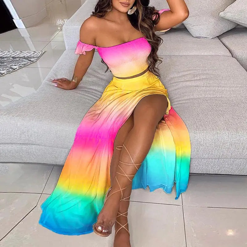 Summer slim Bohemian print mid-length retro strapless dress for women